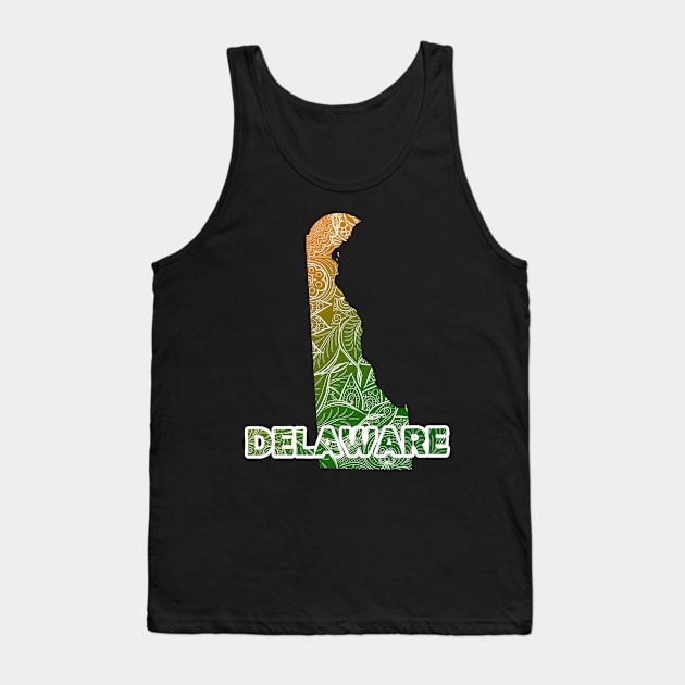 Colorful mandala art map of Delaware with text in green and orange Tank Top by Happy Citizen